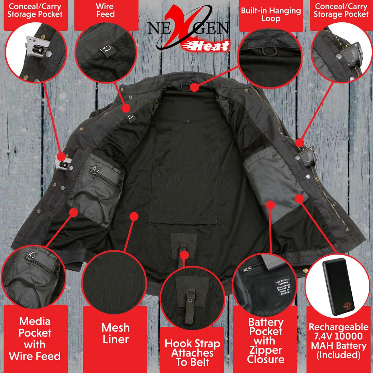 NexGen NXM1715SET Men's 'Scorcher' Classic Heated Black Denim Jacket (Rechargeable Battery Pack Included) - Image 4