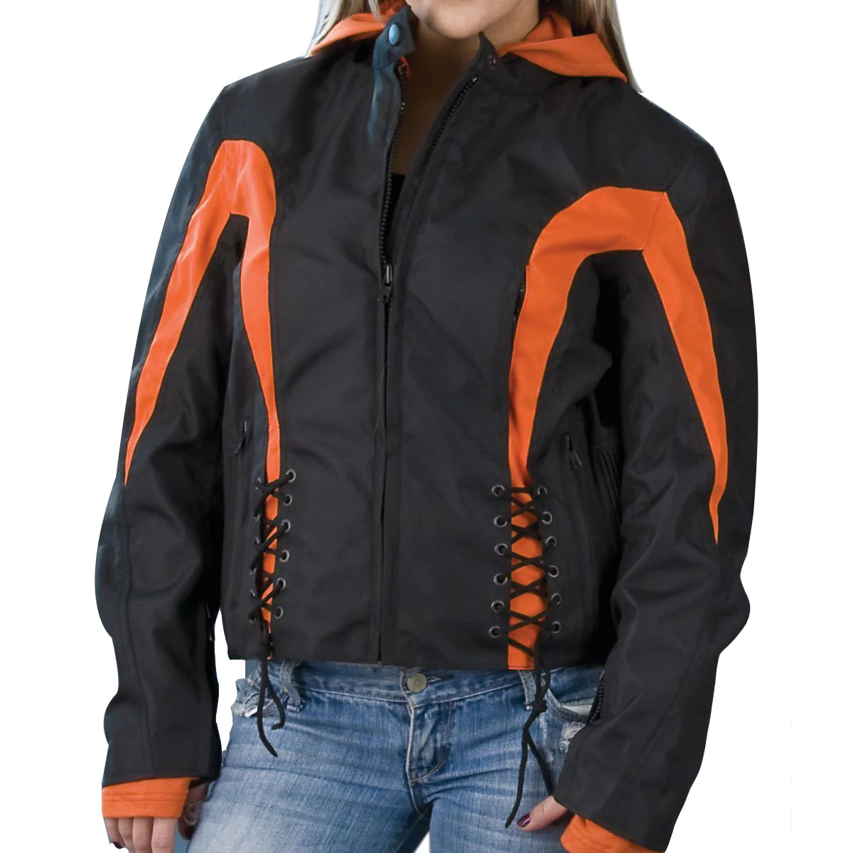NexGen SH2039 Women's Black and Orange Textile Racer Jacket with Fleece Hoodie - Image 2