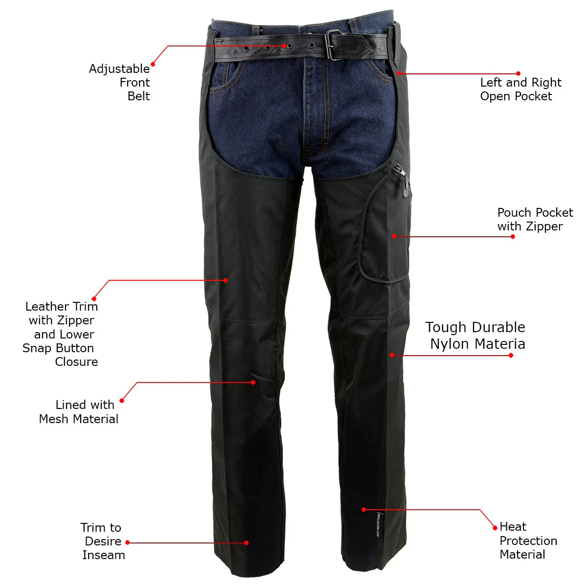 NexGen SH2258 Men's Black Textile Riding Chaps with Heat Protection - Image 2