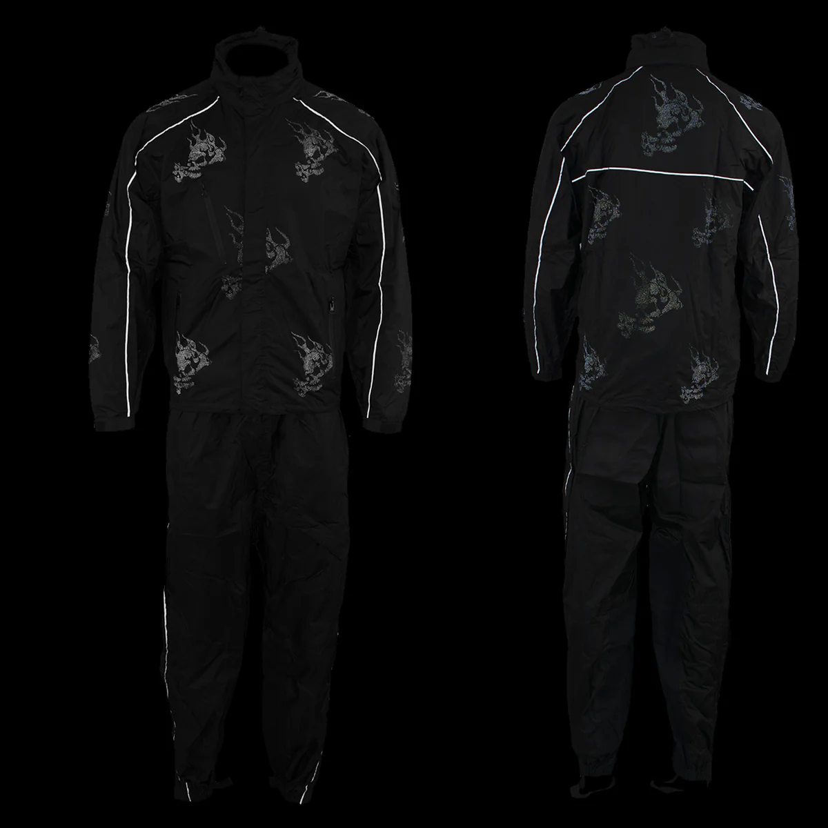 NexGen SH2334 Men’s Black Water Proof Rain Suit with Reflective Flame Skull Design - Image 2