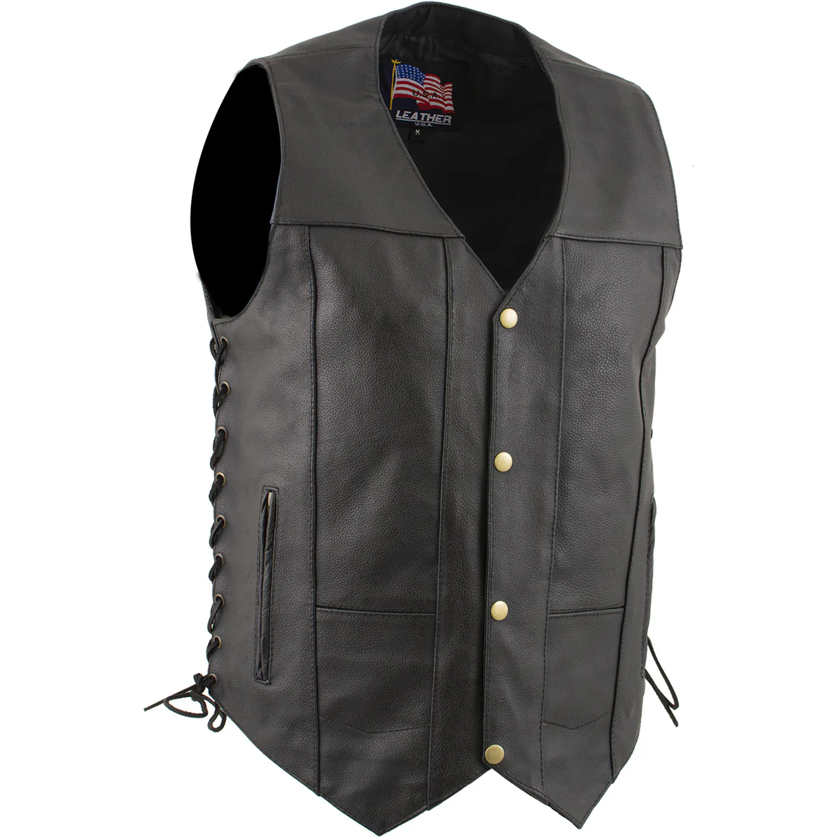 USA Leather 1204 Men's Black 'Dime' Classic Leather Ten Pocket Motorcycle Biker Vest with Side Laces