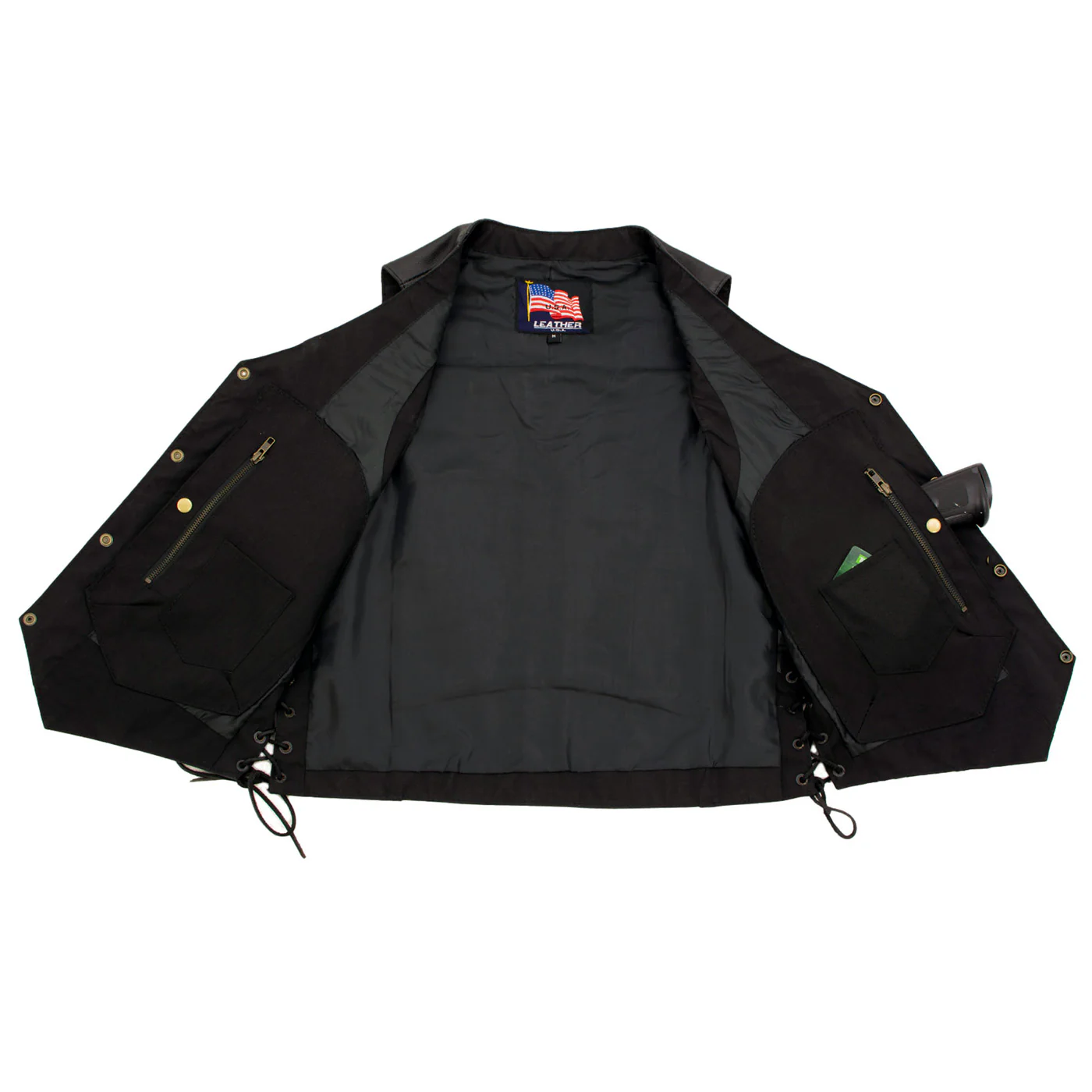 USA Leather 1204 Men's Black 'Dime' Classic Leather Ten Pocket Motorcycle Biker Vest with Side Laces - Image 4