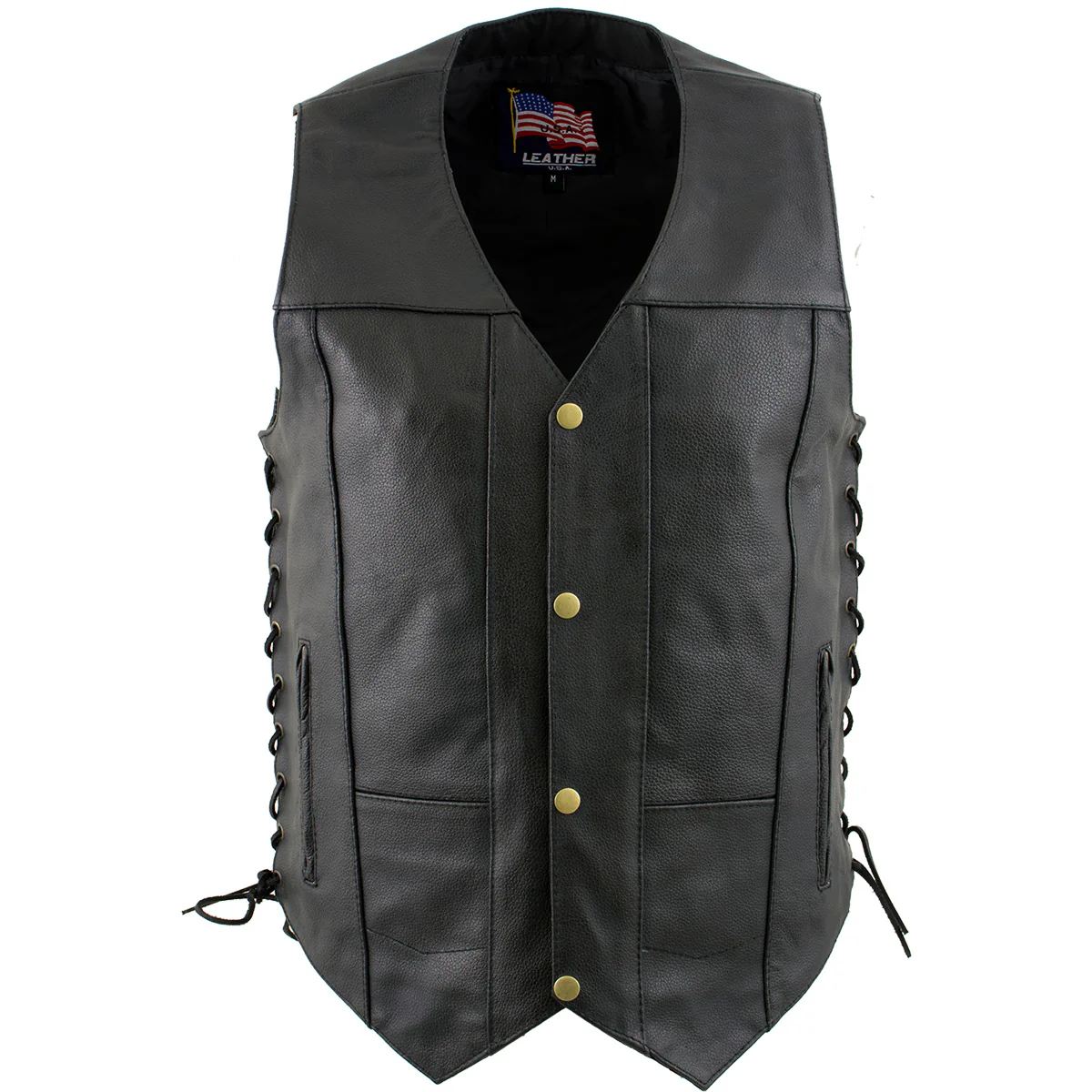 USA Leather 1204 Men's Black 'Dime' Classic Leather Ten Pocket Motorcycle Biker Vest with Side Laces - Image 6